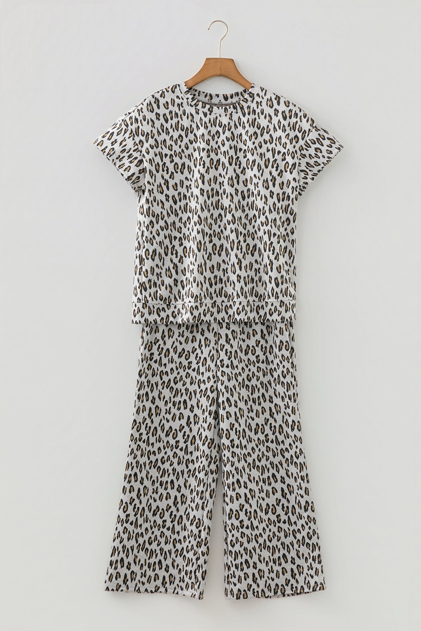 Beige Leopard Print Casual Tee and Pants 2pcs Outfit