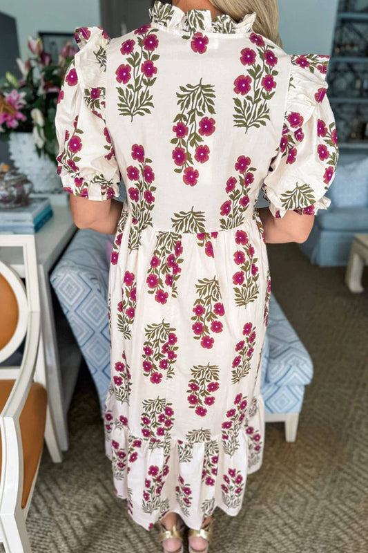 Beige Floral Short Bubble Sleeve Tiered Maxi Dress